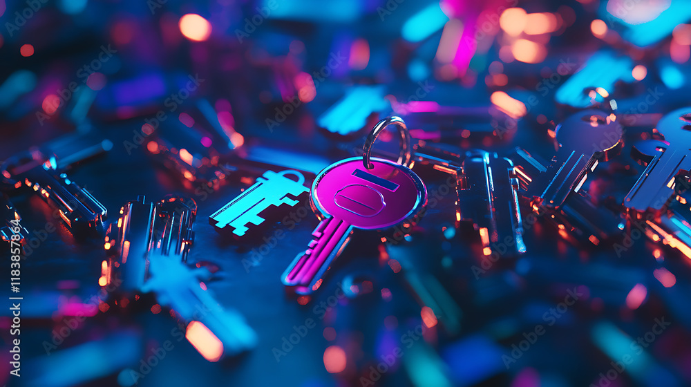 Poster digital key hologram on blue background, digital security and data protection concept