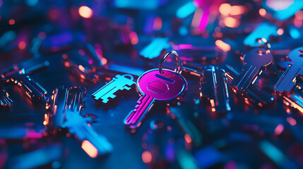 Digital key hologram on blue background, digital security and data protection concept