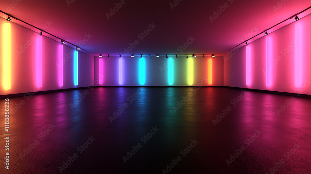 Leinwandbilder empty room with blank dark floor for your product presentation with reflection of colorful neon illu