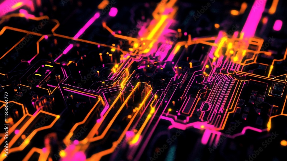 Poster abstract neon circuit board with glowing lines and nodes.