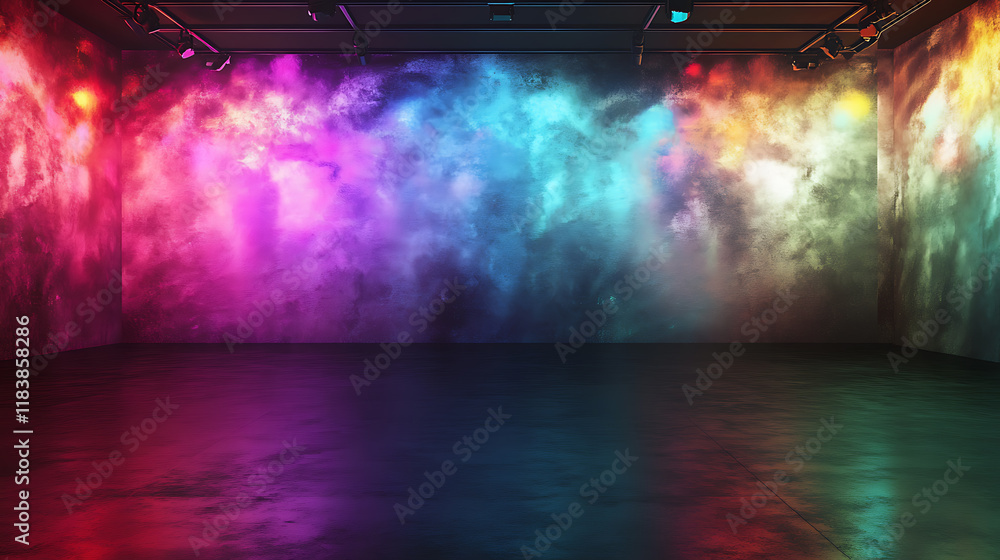 Poster empty room with blank dark floor for your product presentation with reflection of colorful neon illu