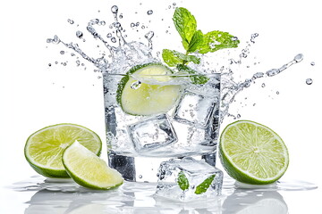 Water splash on white background with lime slices, mint leaves, and ice cubes as a concept for summertime libations -