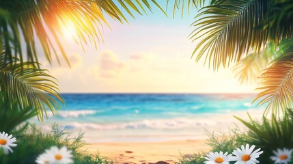 Obraz premium Tropical beach sunset view framed by palm leaves and daisies.