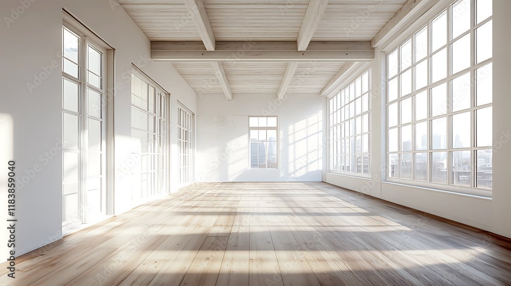 Poster front view of empty loft interior with wooden floor and large windows