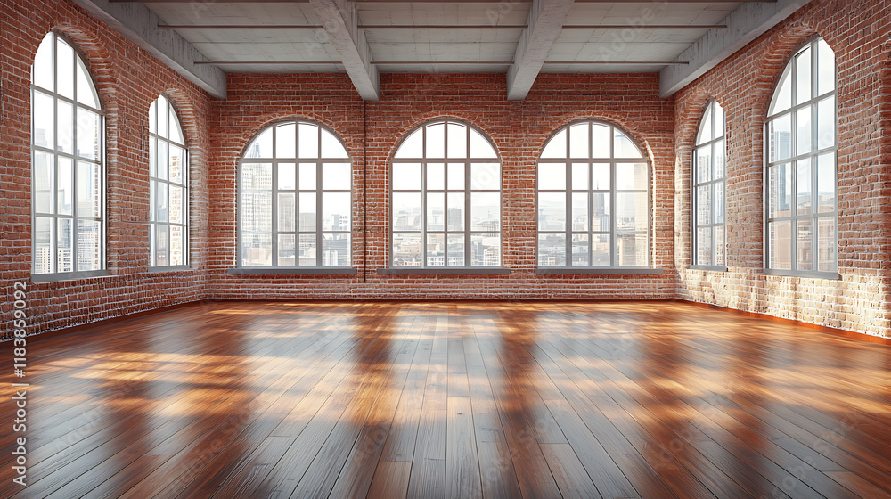 Poster front view of empty loft interior with wooden floor and large windows