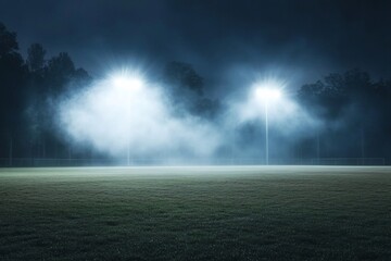 Fototapeta premium Foggy night scene at a sports field with bright stadium lights illuminating the mist.
