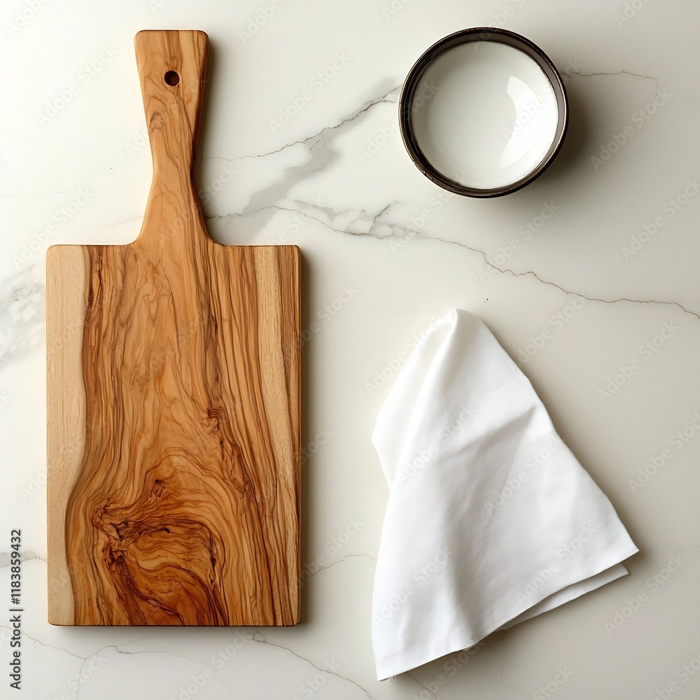 Poster luxurious marble surface displaying a rustic wooden cutting board and pristine white linen observed 