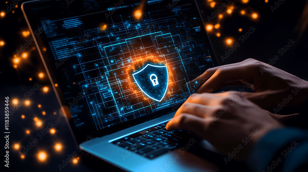 Poster hands typing on a laptop with digital cybersecurity overlays, blue and orange light on a dark backgr