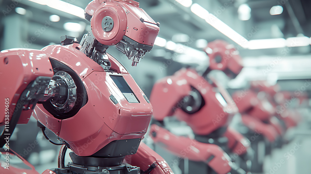 Poster High tech manufacturing facility with cutting automation technology, new generation technology in action with robotic arms and automated machines working seamlessly in a modern industrial environment