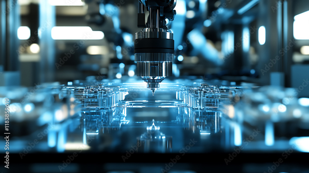 Poster High tech manufacturing facility with cutting automation technology, new generation technology in action with robotic arms and automated machines working seamlessly in a modern industrial environment