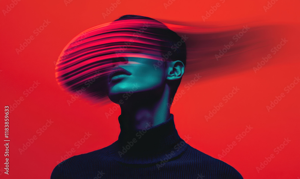 Poster vibrant abstract portrait with red and teal color scheme evoking futuristic and dynamic mood