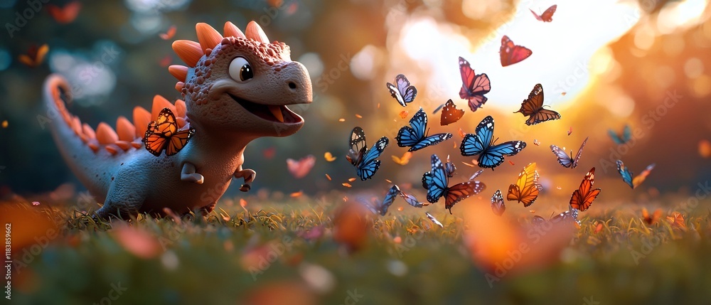 Poster Whimsical animated dinosaur like character playfully chasing after a swarm of fragile jewel toned butterflies in a verdant sun dappled field