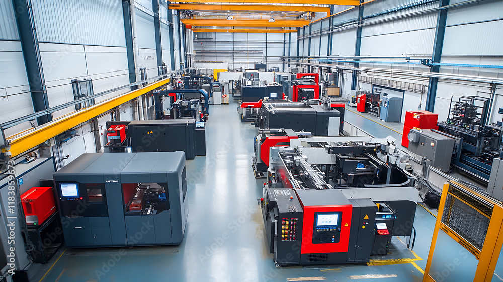 Poster High tech manufacturing facility with cutting automation technology, new generation technology in action with robotic arms and automated machines working seamlessly in a modern industrial environment