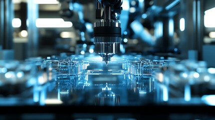 High tech manufacturing facility with cutting automation technology, new generation technology in action with robotic arms and automated machines working seamlessly in a modern industrial environment