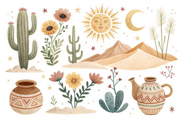 Bohemian desert vibes with watercolor cactus and sun illustrations for creative design.