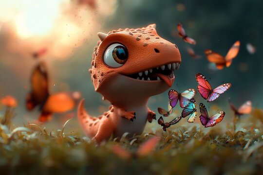 Playful anthropomorphic dinosaur creature mischievously pursuing a swarm of delicate iridescent butterflies through a lush sun lit grassland digital with a dreamlike expressive character design