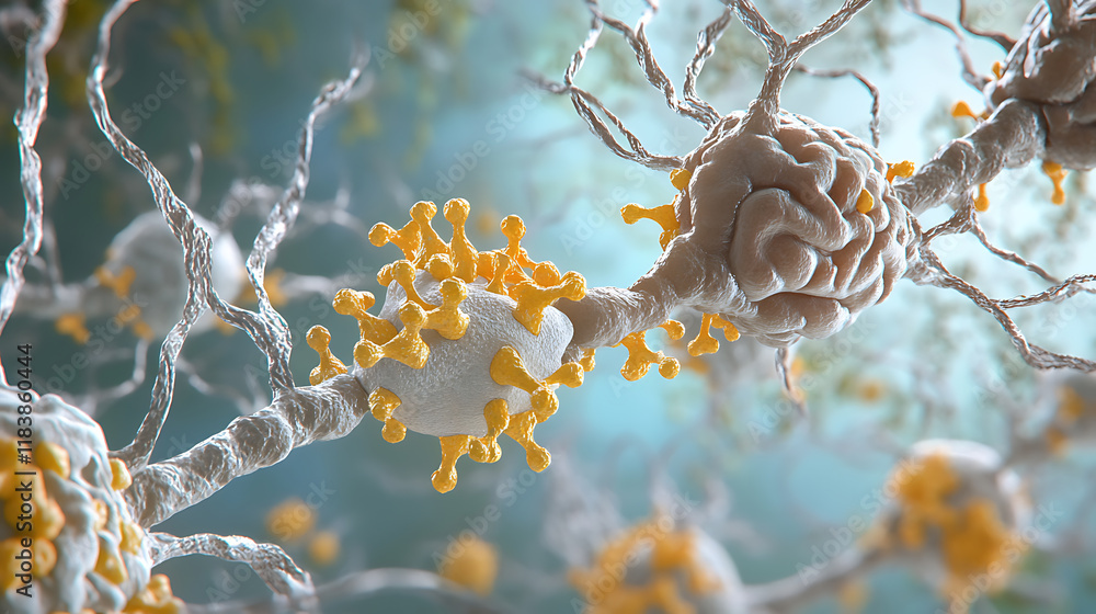 Poster Illustration of neural network highlighting neurons involved in addiction, focusing on synapses affected by opioid use, depicting the complex brain activity linked to substance dependence