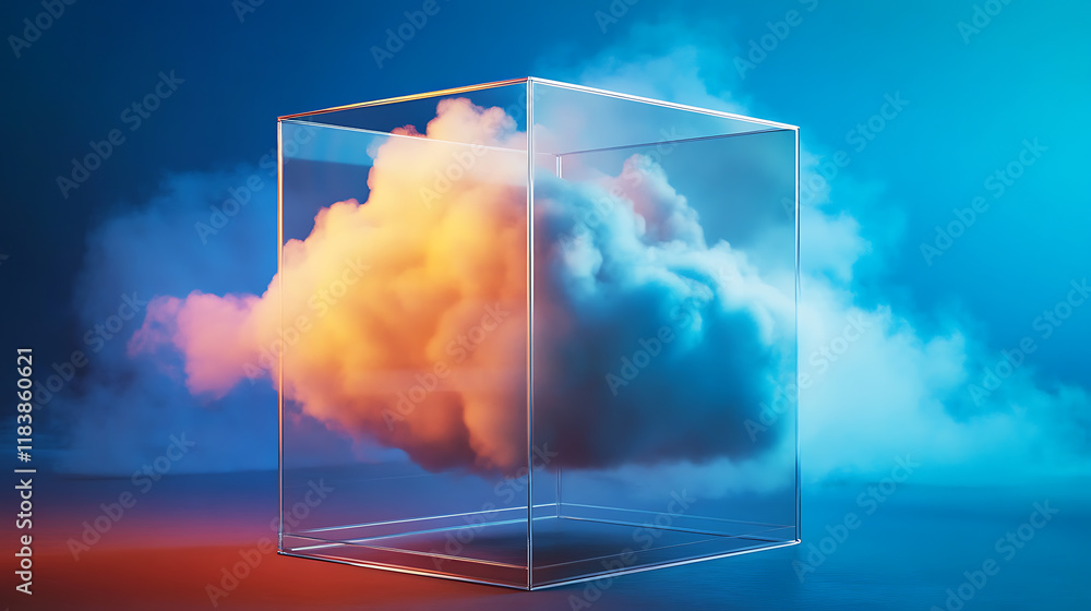 Aufkleber innovative cloud management concept, abstract cloud within a transparent glass box, signifying moder