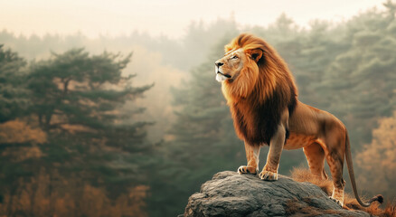 majestic lion stands proudly on rock, overlooking misty forest landscape.