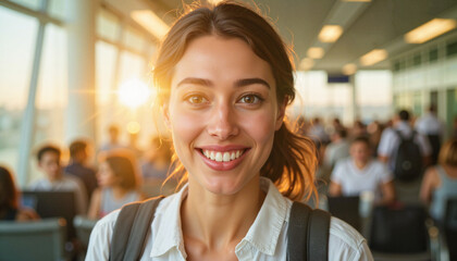 Obraz premium Young Professional Woman with Welcoming Expression at Modern Transit Terminal