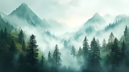 Obraz premium Serene watercolor landscape featuring misty mountains and lush evergreen trees in soothing green tones