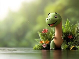 Naklejka premium Animated digital of a cheerful prehistoric dinosaur frolicking and playing in a serene forest pond surrounded by verdant foliage blooming flowers and a tranquil reflective surface a whimsical