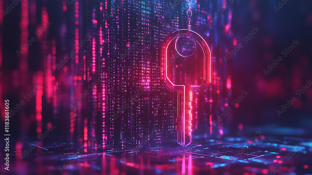 Poster Key on a digital background with binary code, digital security and data protection concept