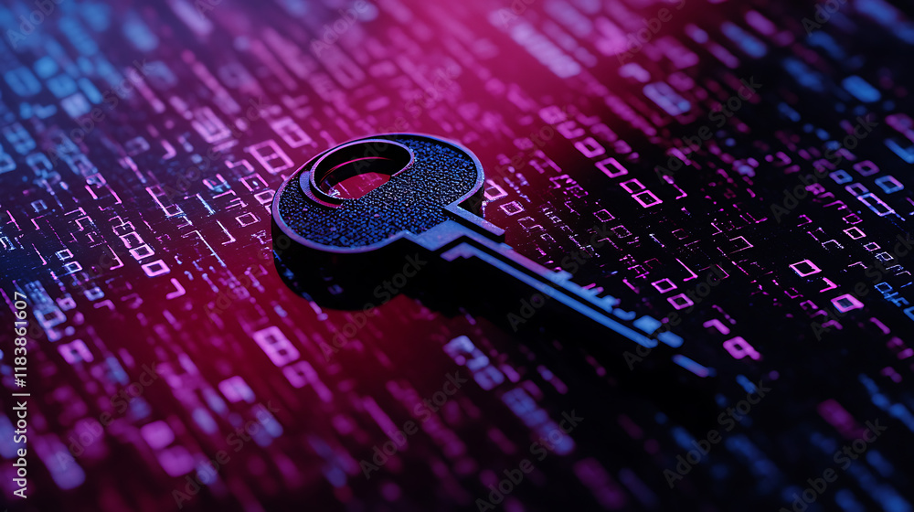 Poster Key on a digital background with binary code, digital security and data protection concept