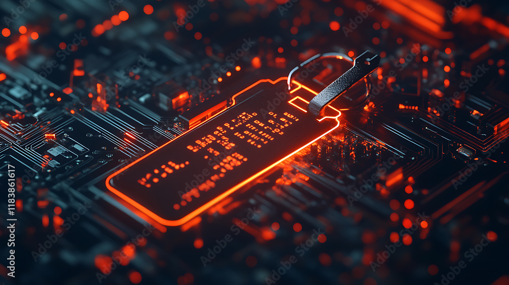 Poster Key on circuit board background with binary code, security concept