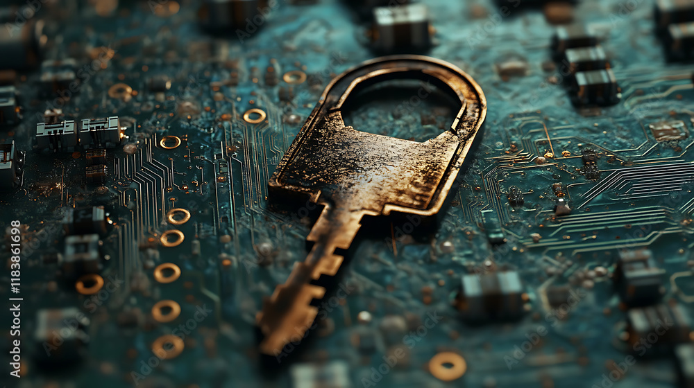 Poster key on circuit board background with binary code, security concept