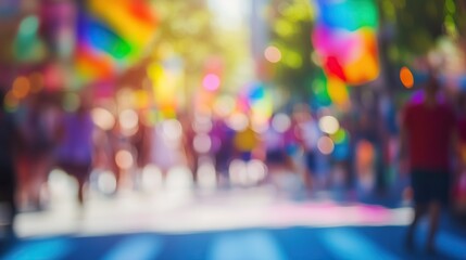 Fototapeta premium Crowd raising and holding rainbow gay flags during a Gay Pride. On blurred bokeh background