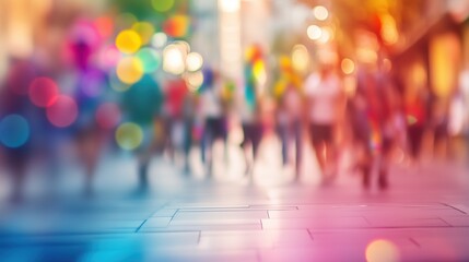 Obraz premium Crowd raising and holding rainbow gay flags during a Gay Pride. On blurred bokeh background