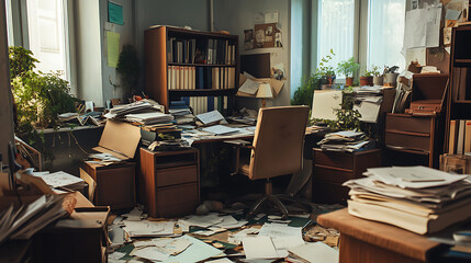 Messy office interior with a lot of paperwork and furniture left on the floor