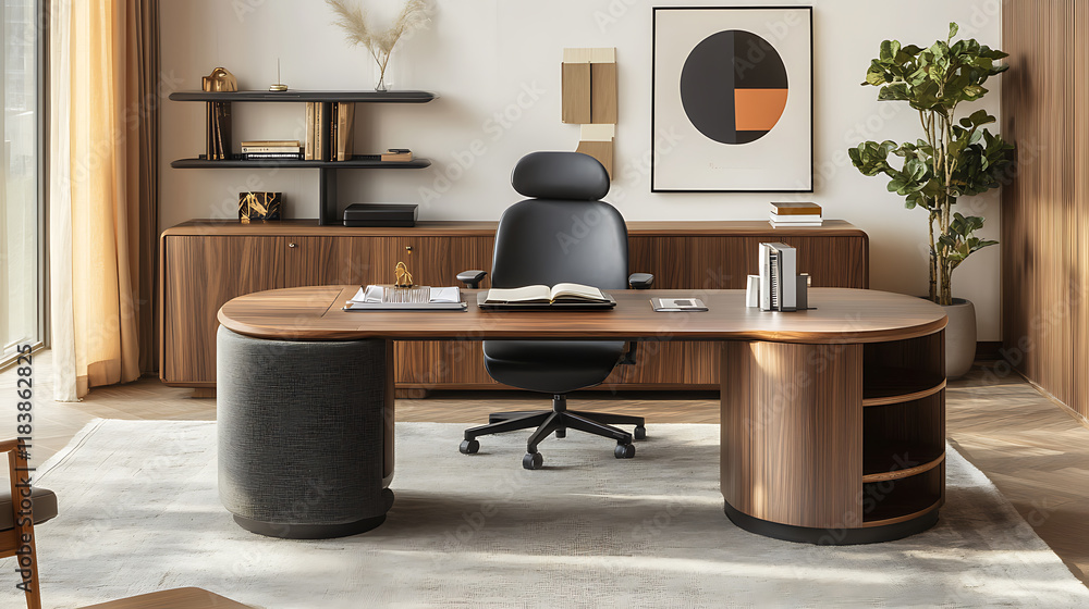 Poster modern and stylish home office setup featuring ergonomic furniture and decorative elements for remot
