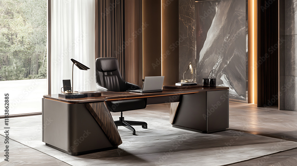 Poster modern and stylish home office setup featuring ergonomic furniture and decorative elements for remot