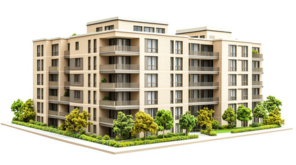 Modern residential building with trees on white background.