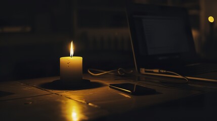 Dimly lit room with a single candle casting soft shadows on a wooden table, laptop and smartphone turned off, symbolizing a sudden power outage and serene atmosphere.