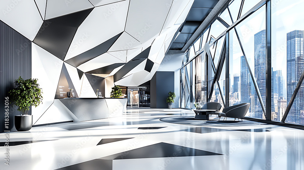 Poster modern business lobby with geometric patterns and cityscape views, innovative, design, structure
