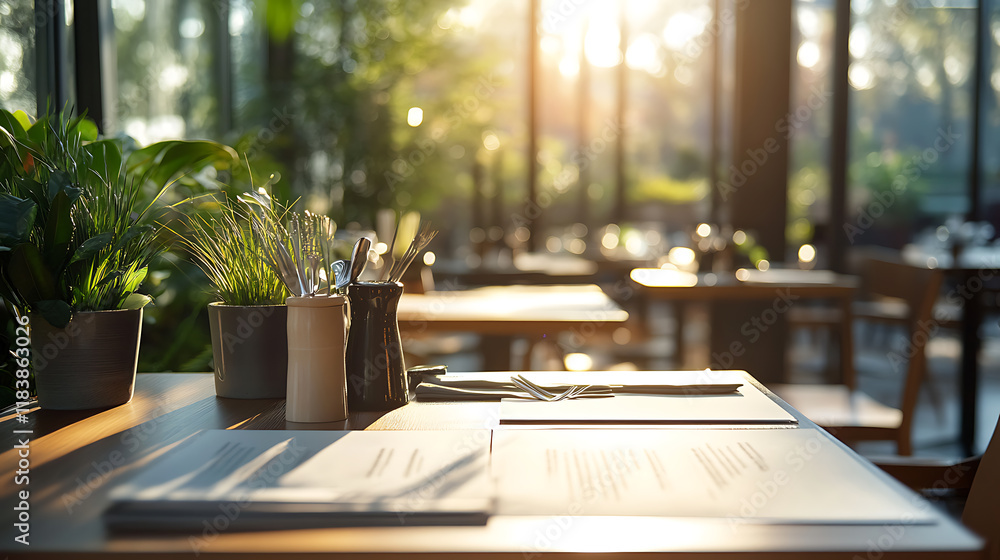 Poster modern cafe with menu mockup on table, contemporary design and soft lighting