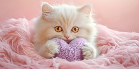 Photorealistic Kittens Holding Plush Hearts in Vibrant Backgrounds