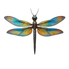 A digitally enhanced close-up image showcases a dragonfly with intricately detailed wings exhibiting a mosaic pattern of blue, orange and yellow hues ,isolated on transparent background.