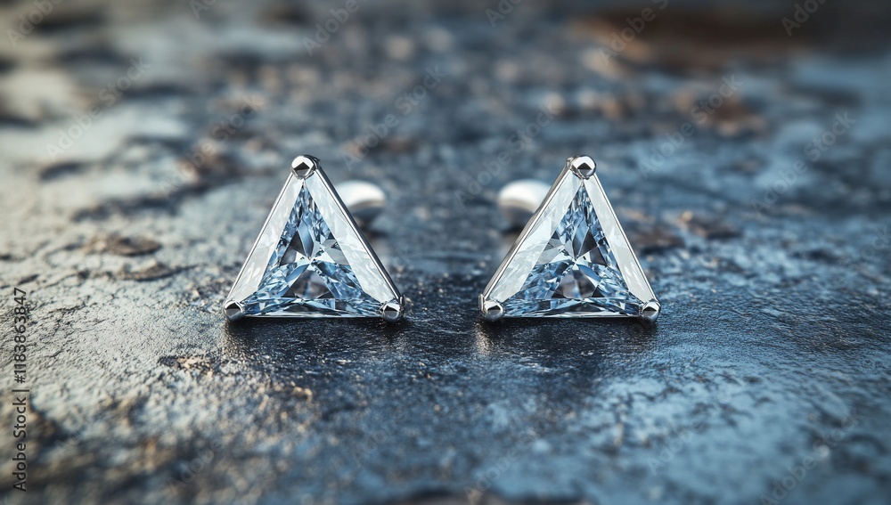 Poster close-up of elegant triangular cufflinks with sparkling gemstones on a dark textured surface.