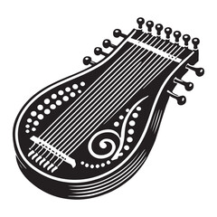 Zither Silhouette Vector Illustration, Solid White Background.