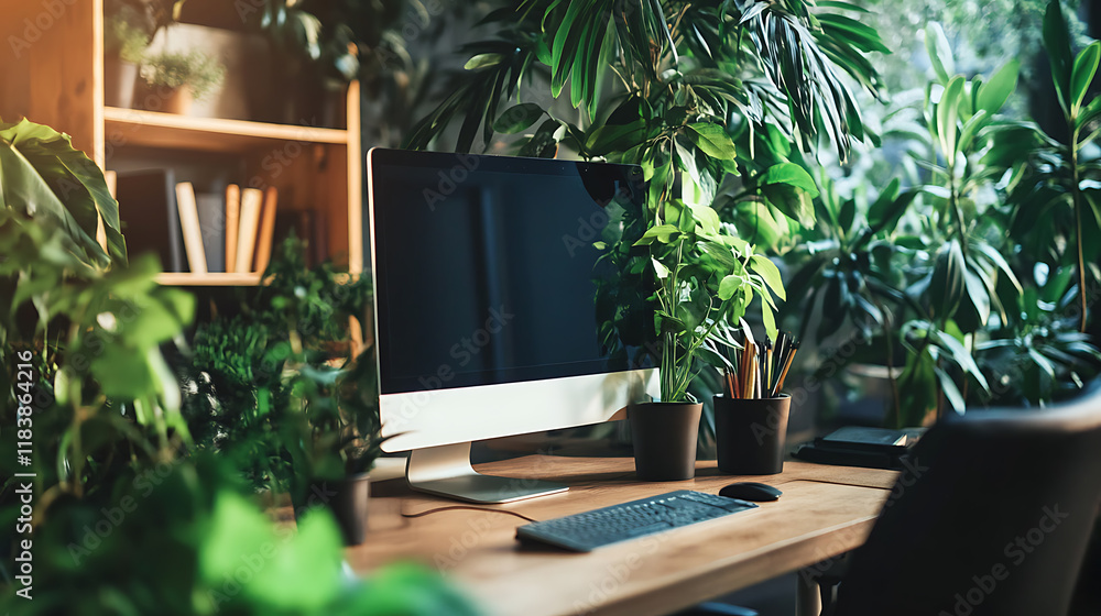 Poster office or workspace with computers in a modern, sustainable and ecofriendly environment with plants 
