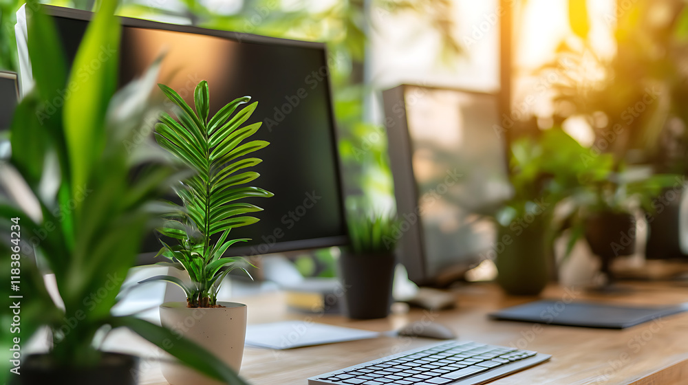 Poster Office or workspace with computers in a modern, sustainable and ecofriendly environment with plants and natural light