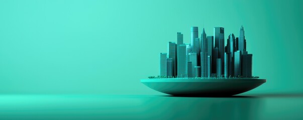 Fototapeta premium A futuristic cityscape represented on a floating platform, set against a soothing teal background, showcasing modern architecture and innovative design.