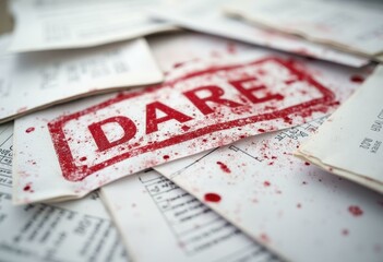 Pile of White Papers with Red Ink Splatter and "DARE" Stamp