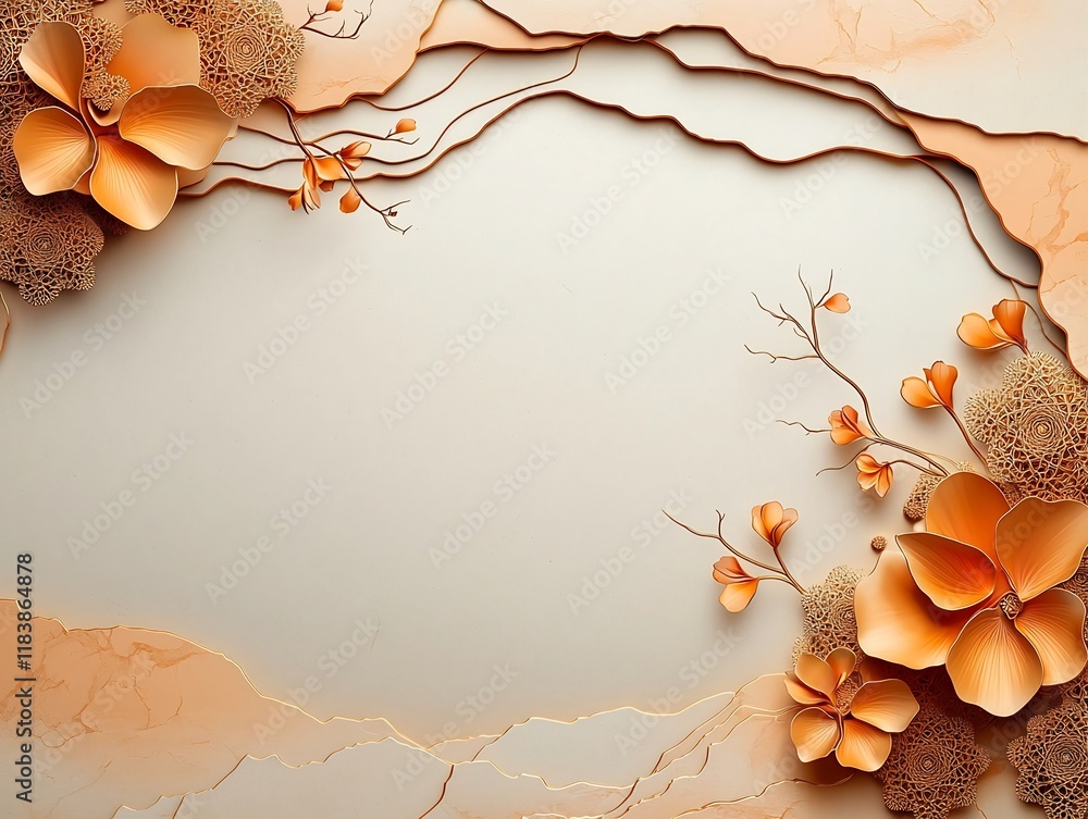 Poster shimmering golden and bronze patterns flow gracefully across a tranquil surface of soft peach amber 