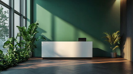 Perspective view modern green reception desk with white blank spot in stylish entrance area with light ceramic and emerald wall background, dark wooden floor and stylish light, 3d rendering, mock up