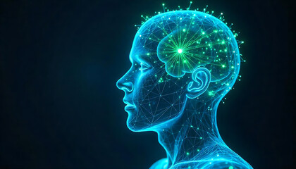 Obraz premium A transparent human head with a glowing wireframe structure and data points, artificial intelligence, technology, digital mind, networking futuristic conncetions created with generative ai